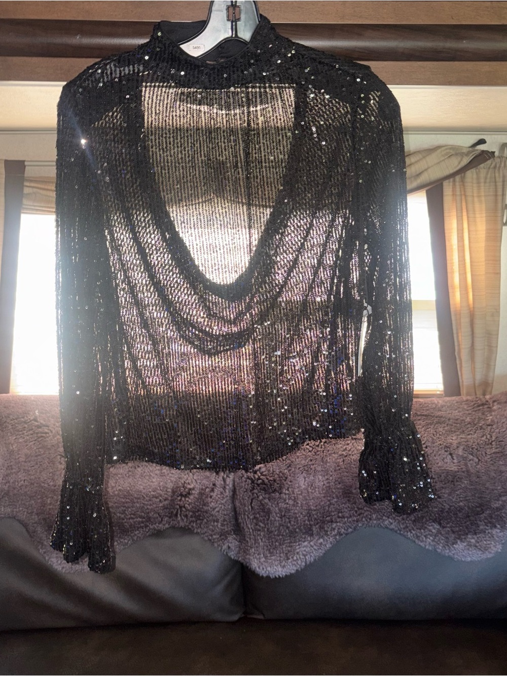 NWT 1 STATE Black Sheer Sequined Long Sleeve Dress Shirt